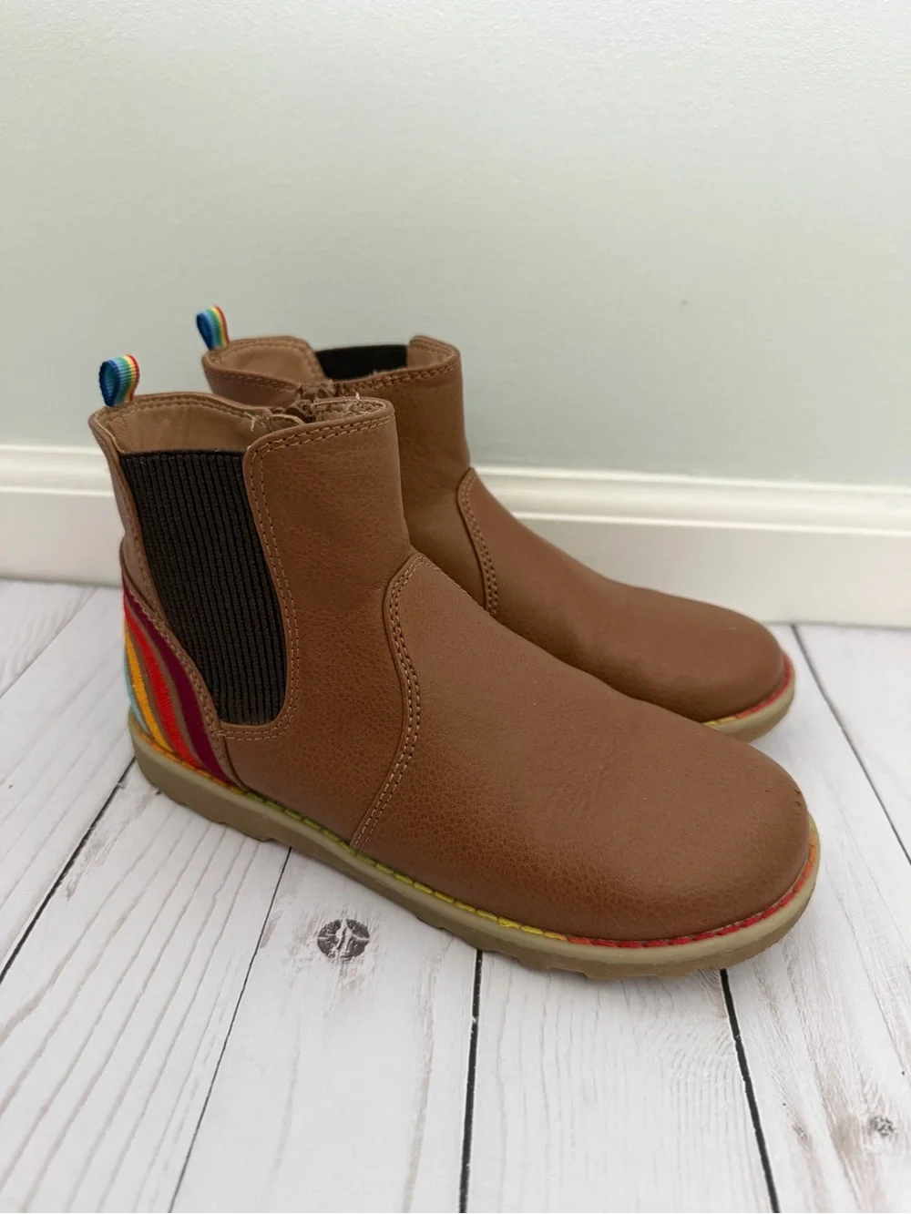 Kids Tan Chelsea Boots with Rainbow Heel Accent